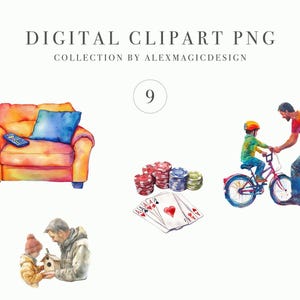 Clipart ad acquerello per la festa del papà: sedia girevole, tazza da caffè, amaca, colazione, poker, bicicletta, pacchetto PNG per biglietti e pubblicità illimitata