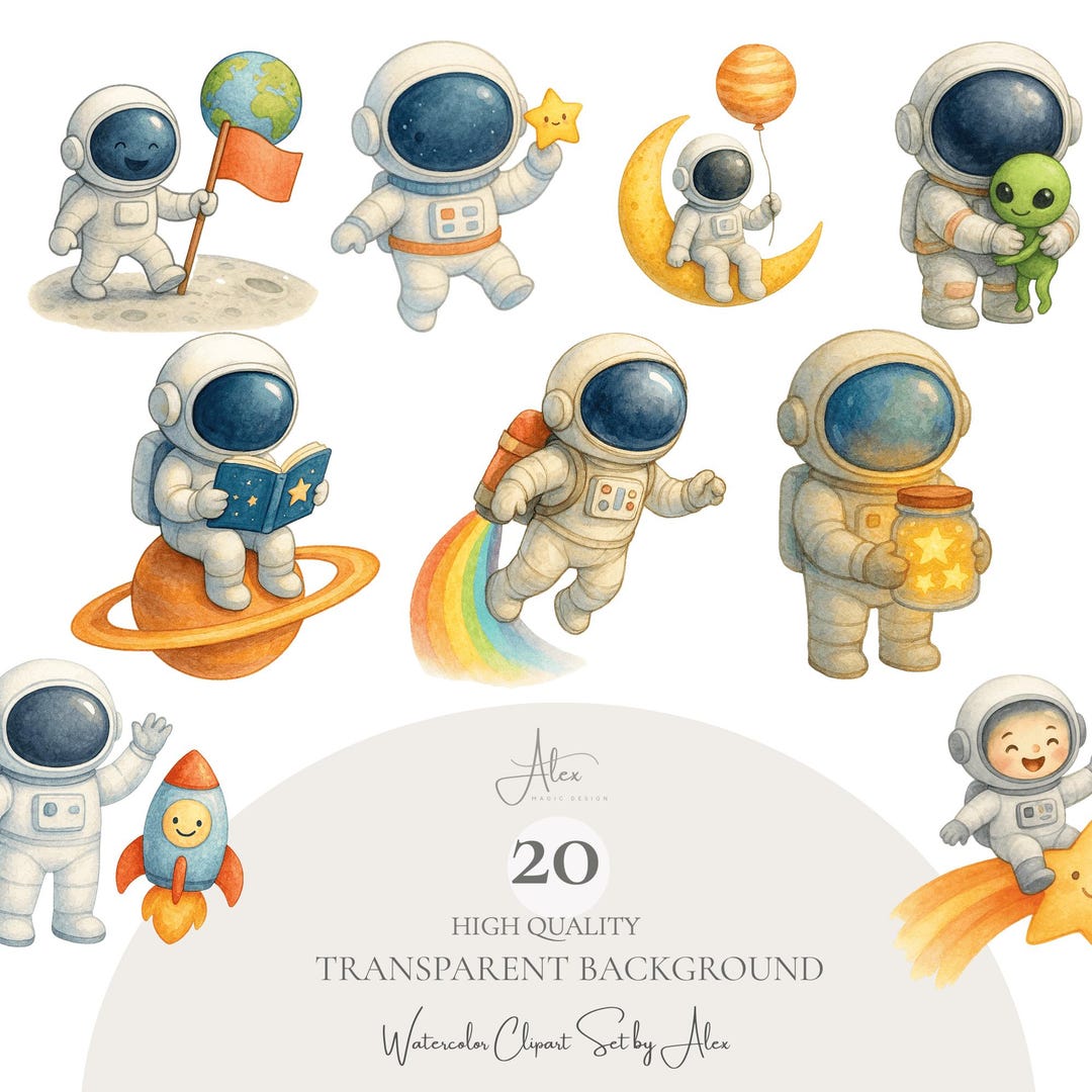 Astronaut Clipart Set, Cute Space PNG, Moon and Planet Clipart, Rocket ...