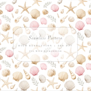 May include: Seamless pattern featuring seashells, starfish, and sprigs on a white background. The design includes various shell types in shades of beige and pink, with starfish and sprigs scattered throughout. The text "Seamless Pattern" is visible.