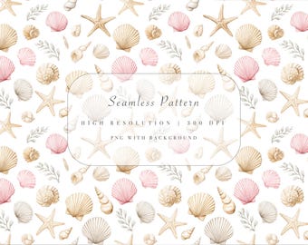 Watercolor Seashells Pattern - Ocean Beach Seamless Digital Paper - Summer Coastal Clipart - Instant Download - Commercial Use