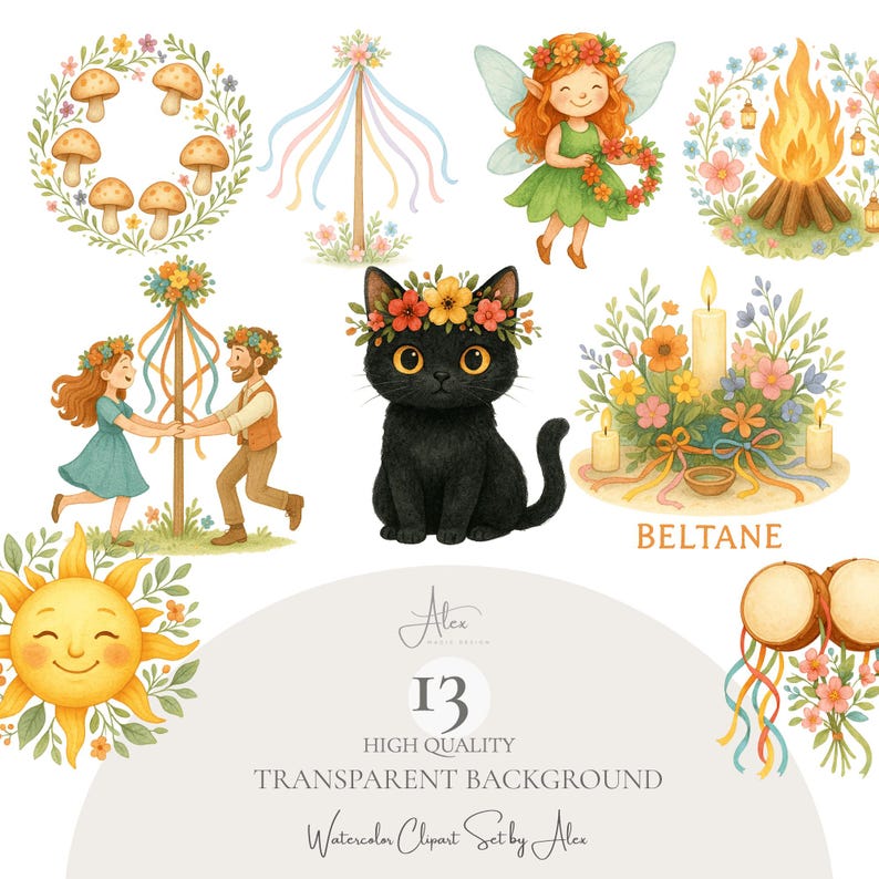 Beltane Clipart Set, Pagan Wiccan Clipart, Bonfire, Maypole, Fairy and ...
