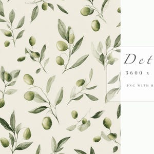 May include: Watercolor illustration of olive branches with green olives and leaves on a cream background. The image has a repeating pattern of olive branches. The text "Details" is in the upper right corner, along with the image dimensions.