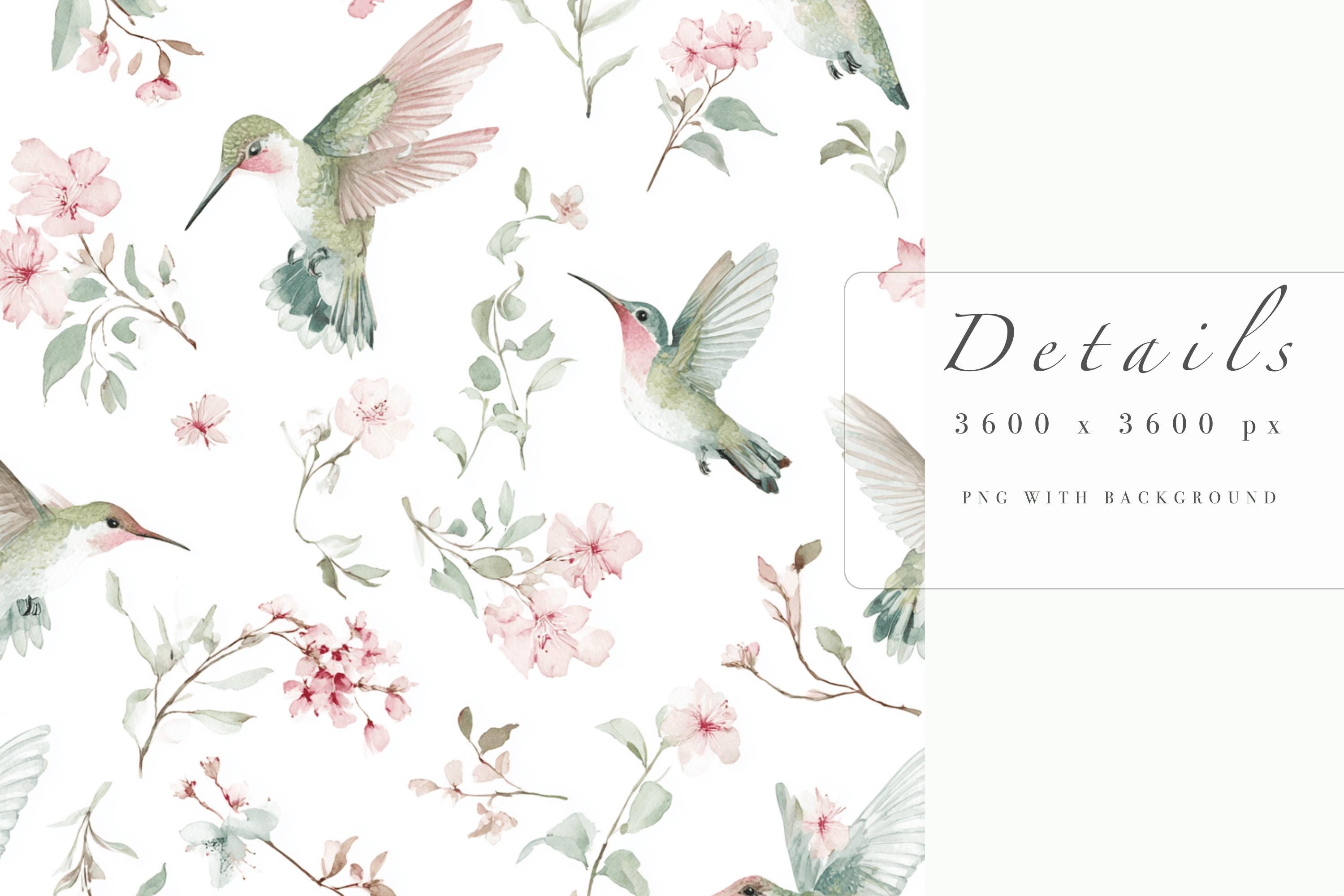 Large Hummingbird Pattern Hummingbirds Pattern, Watercolor Hummingbird, Spring Floral Seamless ...