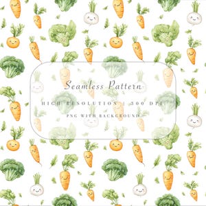 May include: A repeating watercolour pattern of smiling carrots, turnips, and broccoli on a white backdrop. The vegetables have friendly faces. The image includes the text "Seamless Pattern", "High Resolution", "300 DPI", and "PNG with Background".
