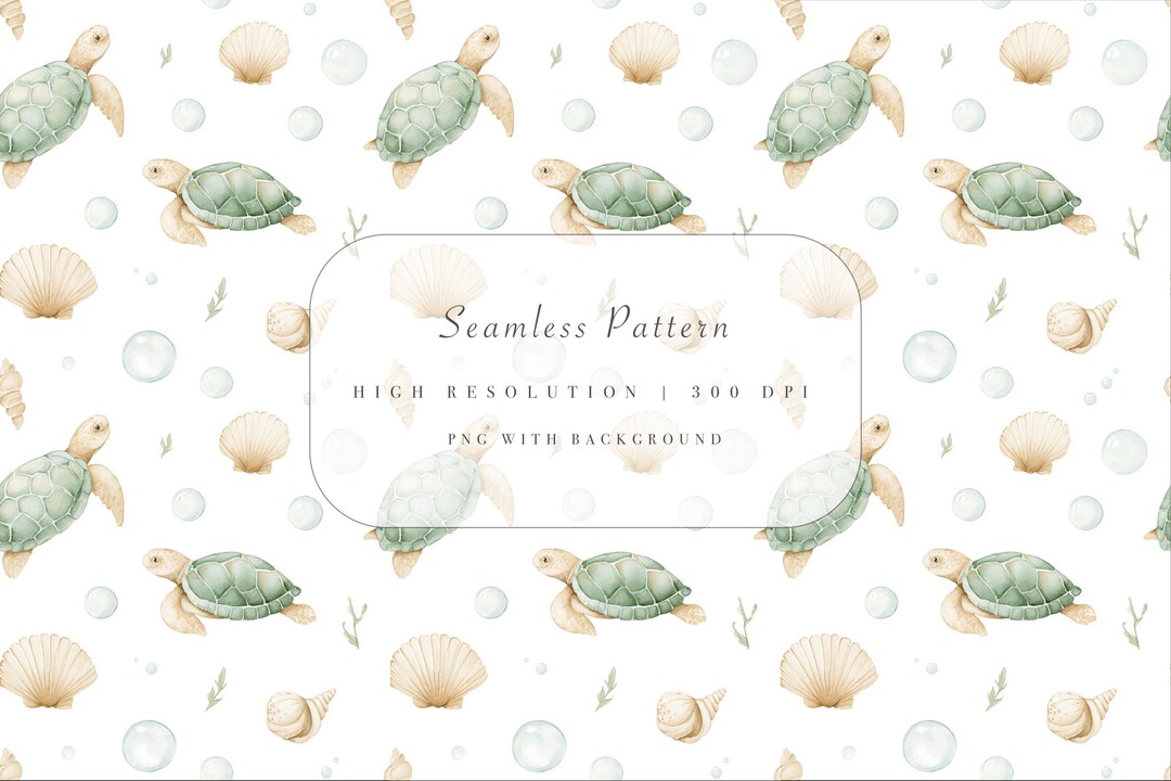 Sea Turtle Seamless Pattern PNG - Watercolor Turtles, Shells and ...