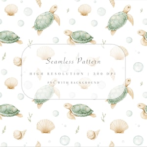 May include: A watercolour seamless pattern with sea turtles, seashells, and bubbles on a white backdrop. The design includes text that reads "Seamless Pattern", "High Resolution | 300 DPI", and "PNG with Background".