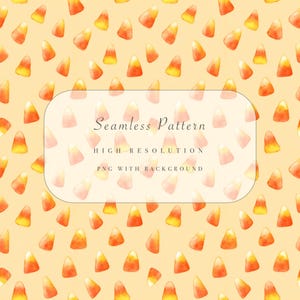 May include: A seamless pattern of watercolour candy corn in yellow, orange, and white, set against a pale yellow backdrop. The image includes text that reads "Seamless Pattern, High Resolution, PNG with Background."