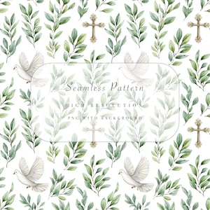 Può includere: Motivo senza cuciture con illustrazioni ad acquerello di foglie verdi, colombe bianche e croci dorate su sfondo bianco. È presente anche il testo "Seamless Pattern" e "High Resolution PNG with Background".