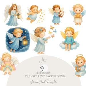Puede incluir: Conjunto de imágenes prediseñadas de acuarela con nueve figuras angelicales con halos y alas. Las ilustraciones representan ángeles querubines en varias poses, algunos sosteniendo linternas, estrellas e instrumentos musicales. La paleta de colores incluye azules suaves, amarillos y pasteles.