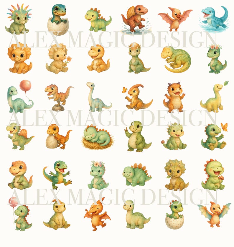 Baby Dinosaur Clipart Set, Cute Dino PNG Bundle, Fast Download ...