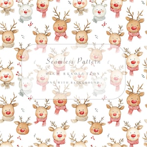 Patrón navideño sin costuras con renos, papel digital con patrón navideño sin costuras, fondo con una linda nariz roja, papel festivo para uso comercial.