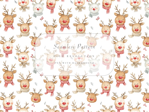 Christmas Seamless Pattern with Reindeer, Seamless Christmas Pattern Digital Paper, Cute Red Nose Background, Holiday Paper Commercial Use