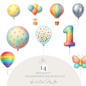 May include: Watercolor clipart set featuring various balloons, including a moon-shaped balloon, a cluster of balloons with a gift, a hot air balloon, and a number one balloon. The set also includes a rainbow balloon and a butterfly.
