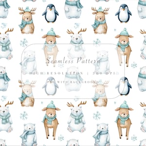 Puede incluir: Un patrón sin costuras con ilustraciones en acuarela de animales de invierno. Renos, osos polares y pingüinos se representan con gorros y bufandas azules, sobre un fondo blanco con copos de nieve. El texto "Seamless Pattern" es visible.