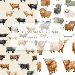 May include: Four digital seamless patterns featuring watercolor illustrations of Highland cows. The cows are in shades of brown, black, white, and grey, with long, shaggy fur and curved horns. The text "4-Pack Seamless Pattern" is included in the image.