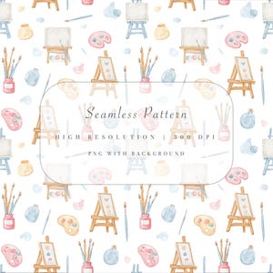 Może przedstawiać: Akwarelowy wzór bezszwowy z przyborami artystycznymi. Projekt zawiera sztalugi, palety malarskie, pędzle i słoiki z farbą w miękkich pastelowych kolorach. Tekst "Seamless Pattern" i inne szczegóły są również uwzględnione.