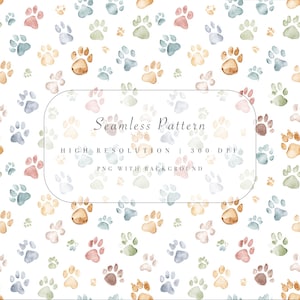 May include: A seamless pattern featuring watercolor paw prints in various colors, including peach, green, blue, and brown, on a white background. The image includes text that reads "Seamless Pattern, High Resolution, 300 DPI, PNG with Background."