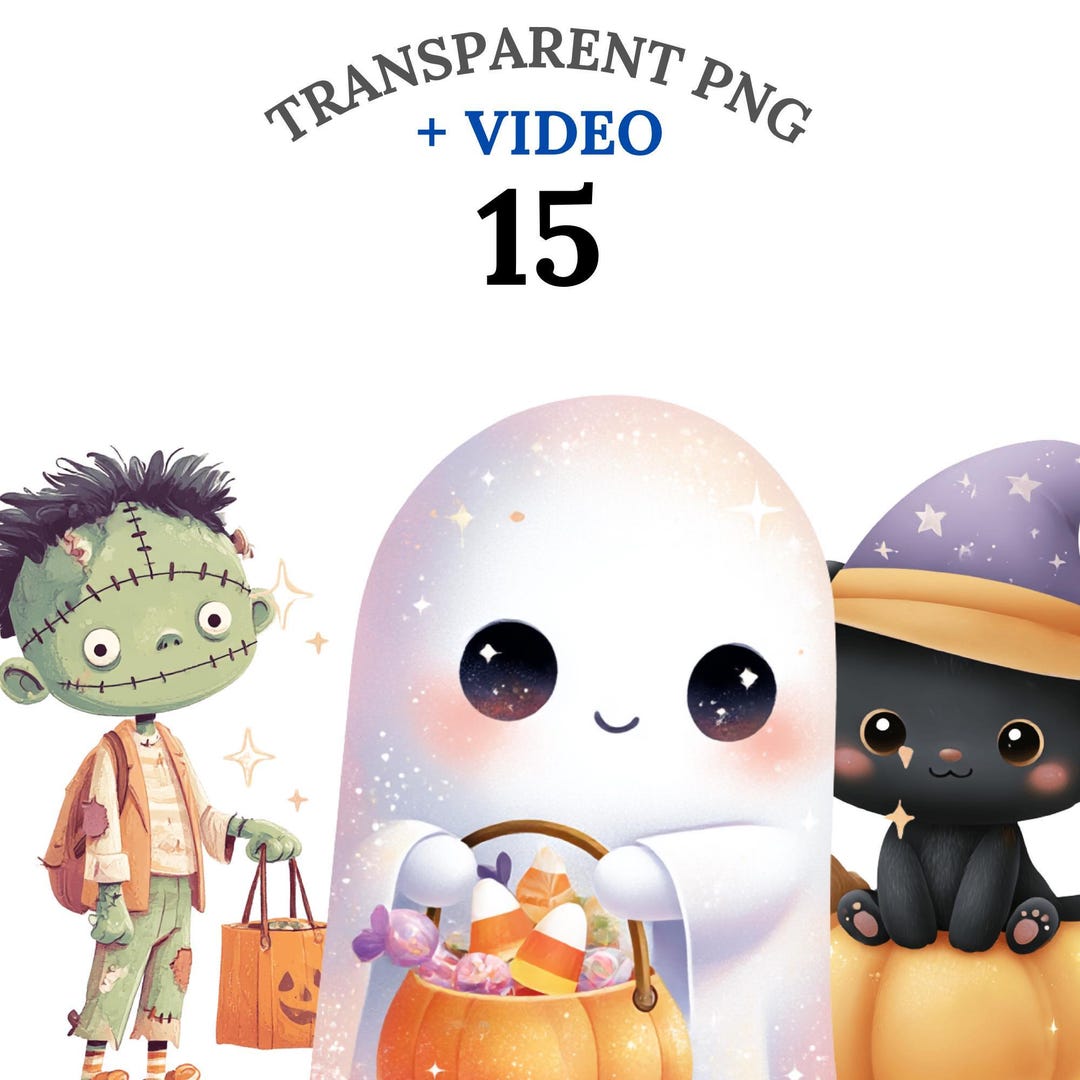 15 Cute Halloween Clipart PNG + Video, Kawaii Ghost Witch Monster ...