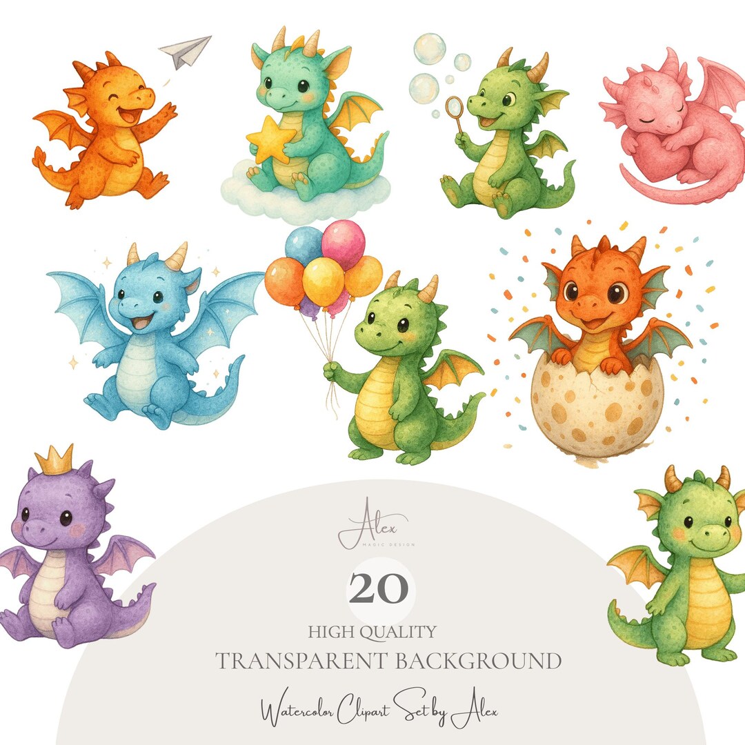 Cute Dragon Clipart Set, Baby Dragon PNG Bundle, Fantasy Dragon ...