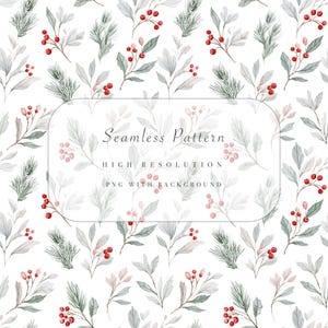 Christmas Seamless Pattern with Mistletoe and Holly PNG, Seamless Christmas Pattern Digital Paper, Greenery Background, Commercial Use