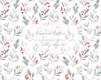 Christmas Seamless Pattern with Mistletoe and Holly PNG, Seamless Christmas Pattern Digital Paper, Greenery Background, Commercial Use