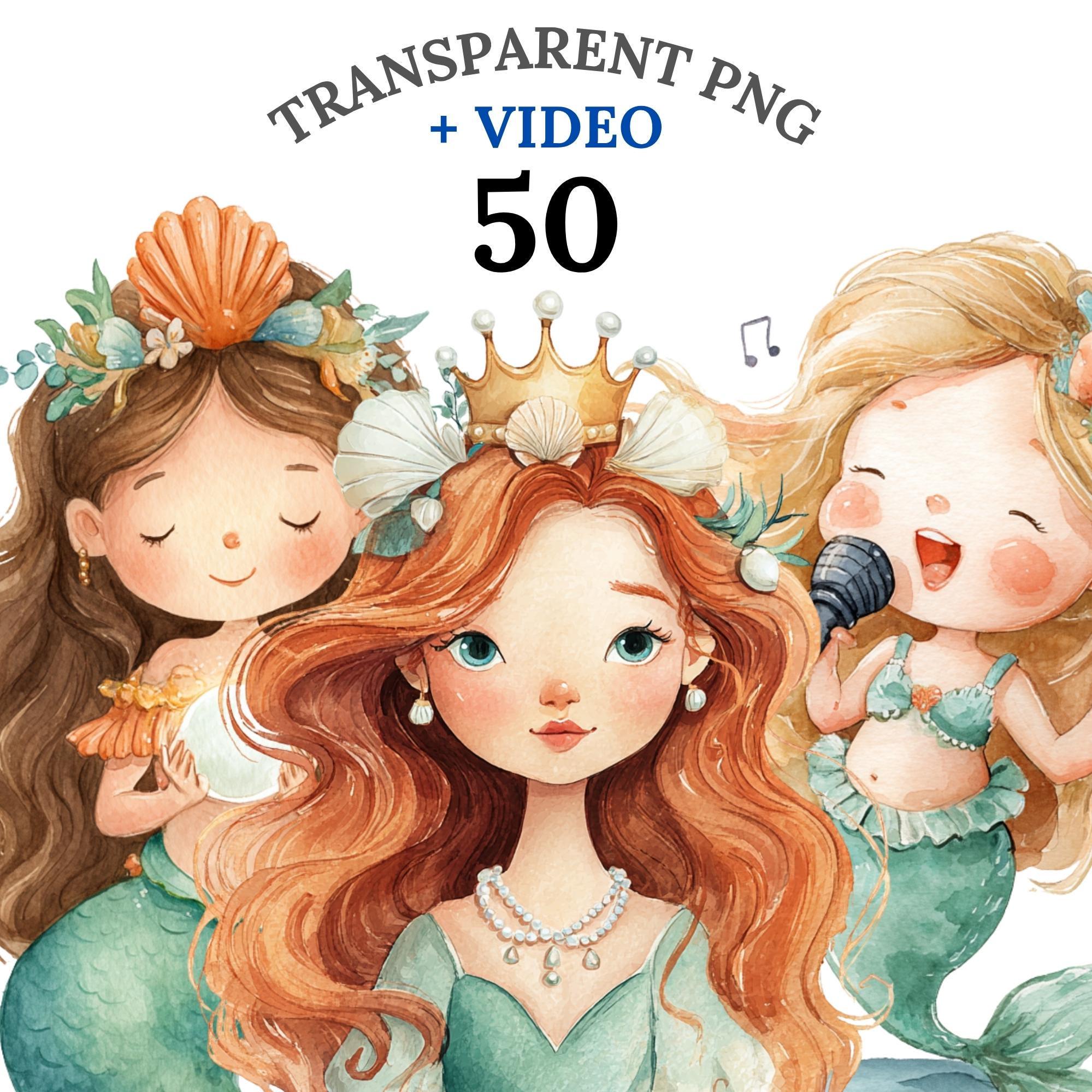 Mermaid Clipart Set, 50 Cute Mermaid PNG, Watercolor Ocean Girls, Sea ...
