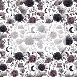 May include: A seamless pattern design with watercolour illustrations of black roses, books, keys, and crescent moons on a white backdrop. The design includes the text "Seamless Pattern" and "High Resolution PNG with Background".