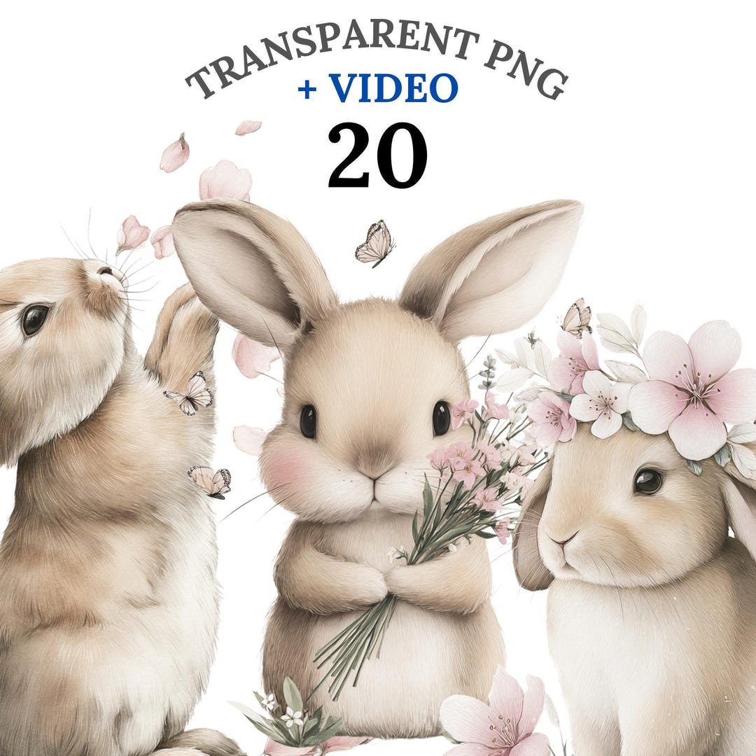 20 Floral Bunny Clipart PNG, Watercolor Spring Bunny Set, Cute Baby ...