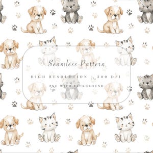 Op de afbeelding: Waterverf naadloos patroon met schattige puppy's en kittens in beige, grijs en wit. Het ontwerp bevat pootafdrukken en de tekst "Seamless Pattern, High Resolution, 300 DPI, PNG with Background."