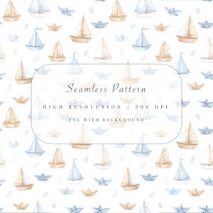Seamless Boat Pattern for Boys - Nautical Sailboat Clipart - Blue Beige Paper Boats PNG - Baby Boy Nursery Design - Instant Download