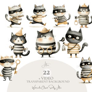 Puede incluir: Ilustraciones en acuarela de gatos de dibujos animados disfrazados de bandidos. Los gatos llevan máscaras negras y camisas a rayas, algunos con esposas, llaves o sosteniendo un pájaro. La imagen incluye el texto "22 + VIDEO TRANSPARENT BACKGROUND Watercolor Clipart Set by Alex."