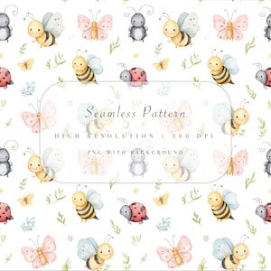 May include: A repeating watercolour pattern with cartoon bees, butterflies, and ladybirds. The design includes green foliage and the text "Seamless Pattern". High resolution, 300 DPI, PNG with background.