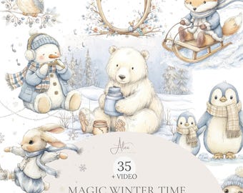 35 Winter Animals Clipart PNG + Video, Cozy Winter Snowman Wonderland Scene Cottage Bundle, Fast Download Commercial Use