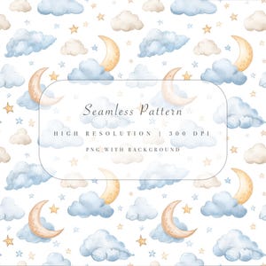 Puede incluir: Patrón de acuarela sin costuras con lunas crecientes, nubes y estrellas en tonos suaves de azul, beige y dorado. El texto "Seamless Pattern" se muestra en el centro.