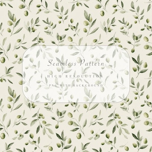 以下が含まれることがあります： クリーム色の背景に、水彩画のオリーブの枝、緑色のオリーブ、葉をあしらったシームレスパターン。デザインには「Seamless Pattern」、「High Resolution」、「PNG with Background」の文字が含まれています。