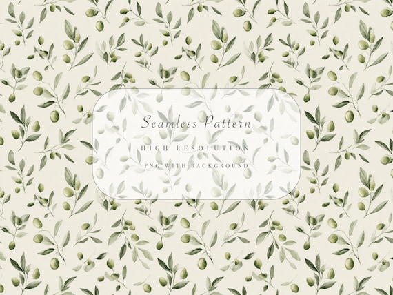 Olive Branch Seamless Pattern PNG, Fast Download, Commercial Use, Botanical Green Leaves, Rustic Mediterranean Holiday Design