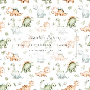 Può includere: Motivo senza cuciture ad acquerello con vari dinosauri nei toni del verde, beige e blu, intervallati da fogliame verde su sfondo bianco. Il testo "Seamless Pattern" è visualizzato.