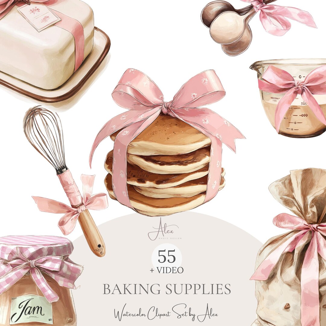 55 Pink Kitchen Clipart Set, Watercolor Baking PNG, Cute Kitchen Art ...