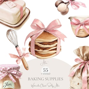 Könnte beinhalten: Aquarell-Illustration von Backutensilien, darunter ein Stapel Pfannkuchen, die mit einem rosa Band zusammengebunden sind, ein Schneebesen, Messlöffel, ein Messbecher und ein Glas Marmelade. Der Text "55 + VIDEO" und "BAKING SUPPLIES" ist ebenfalls sichtbar.