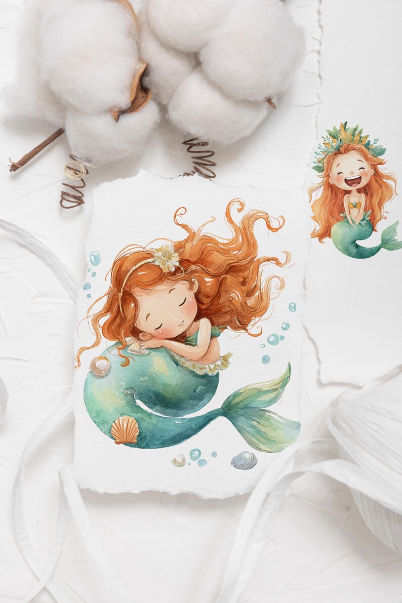 Mermaid Clipart Set, 50 Cute Mermaid PNG, Watercolor Ocean Girls, Sea ...