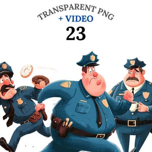 Puede incluir: Ilustración de dibujos animados de tres policías con uniformes azules. Uno corre, otro sostiene una rosquilla y el tercero una taza de café. La imagen incluye el texto "TRANSPARENT PNG + VIDEO 23".