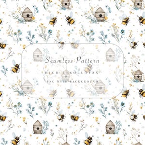 Könnte beinhalten: Nahtloses Aquarellmuster mit Bienen, Bienenstöcken und floralen Elementen in Gelb, Blau und Grün auf weißem Hintergrund. Der Text "Seamless Pattern" wird in der Mitte angezeigt.