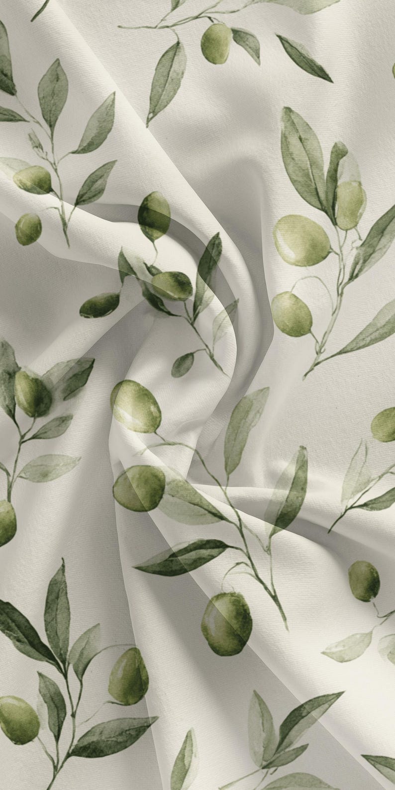 May include: Off-white fabric with a repeating watercolor pattern of olive branches. The design features green olives and leaves on slender stems, creating a natural, botanical theme. The fabric has soft folds and a subtle sheen.