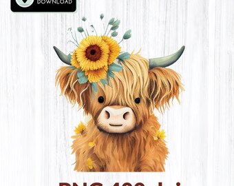 Highland Cow Sunflower Sublimation Design PNG, Images Highland Cow Sunflowers Clipart Transparent Background Commercial Use
