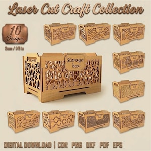 Puede incluir: Colección de cajas de almacenamiento de madera cortadas con láser en varios diseños. Las cajas son de color marrón claro con patrones intrincados y el texto "Storage box". La imagen incluye el texto "Laser Cut Craft Collection" y "10 Designs". La madera tiene 3 mm de grosor.