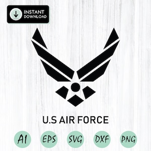 Puede incluir: Gráfico vectorial en blanco y negro del logotipo de la Fuerza Aérea de los Estados Unidos. El logotipo presenta un ala estilizada con una estrella en el centro. El texto "U.S. AIR FORCE" está debajo del logotipo.