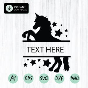 Puede incluir: Silueta negra de un unicornio con estrellas y las palabras "TEXT HERE" en un espacio rectangular. La imagen también incluye las palabras "INSTANT DOWNLOAD" e iconos de tipo de archivo.