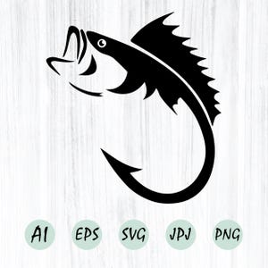 Anzuelo de pesca SVG, Pesca de lubina SVG, Pescador SVG, Papá pescador. Archivo vectorial de corte Cricut, silueta, PDF, PNG, EPS, DXF, calcomanía, pegatina, vinilo.