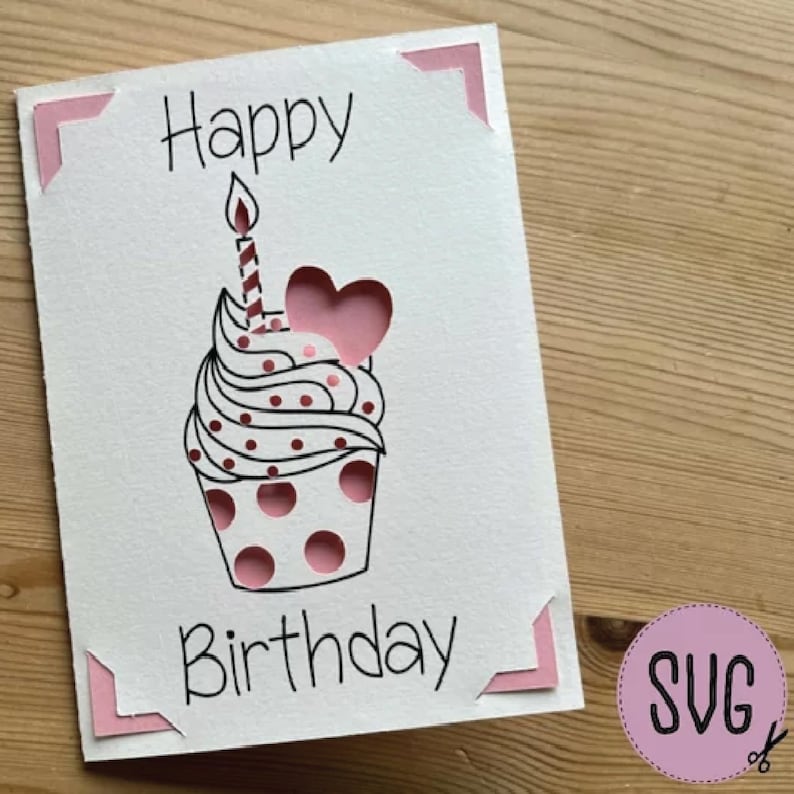 May include: A white birthday card with the words "Happy Birthday" and a cupcake illustration. The cupcake has pink polka dots and a heart-shaped cutout. Pink corner accents and a small SVG logo are also visible.