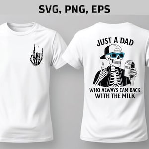 以下が含まれることがあります： 黒いグラフィックが施された白いTシャツ2枚。1枚のシャツには、ロックンロールのジェスチャーをする骸骨の手が描かれています。もう1枚のシャツには、帽子とサングラスをかけ、牛乳パックを持った骸骨が描かれており、「JUST A DAD WHO ALWAYS CAM BACK WITH THE MILK」というテキストが書かれています。